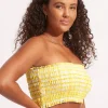 Amalfi Check Shirred Longline Bandeau Bikini Top - Lime Light