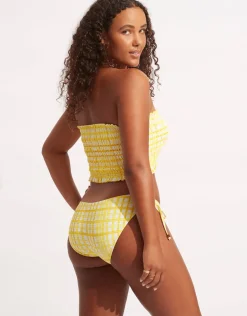 Amalfi Check Shirred Longline Bandeau Bikini Top - Lime Light