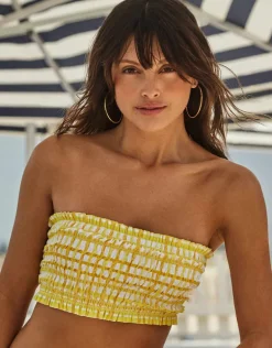 Amalfi Check Shirred Longline Bandeau Bikini Top - Lime Light