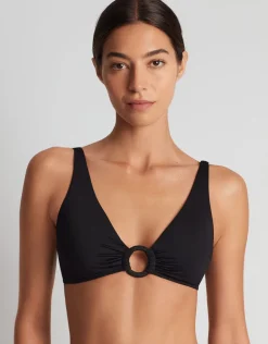 Beach Club Solids Macrame Ring OTS Bikini Top - Black