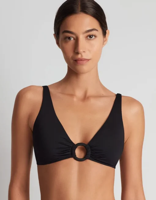 Beach Club Solids Macrame Ring OTS Bikini Top - Black