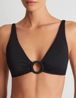 Beach Club Solids Macrame Ring OTS Bikini Top - Black