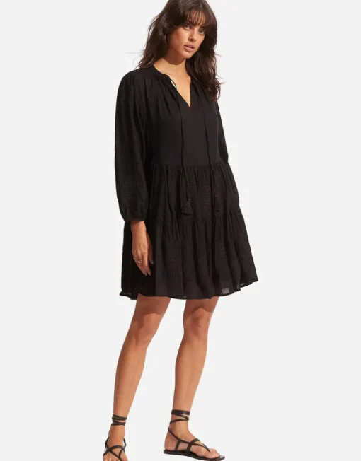 Corsica Embroidery Tier Dress - Black
