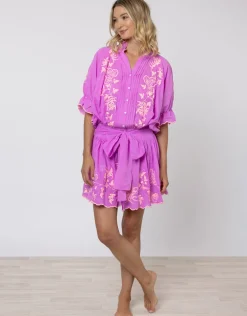 Cotton Blouson Dress with Butterfly Embroidery - Violet and Neon Peach