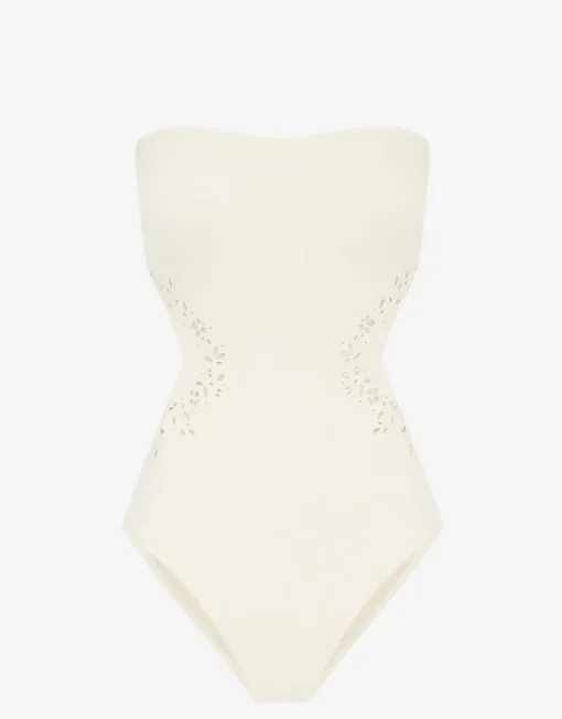 Creme Memoir Embroidered Strapless Swimsuit - White