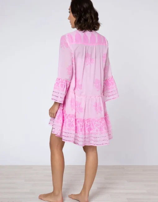 Dhaka Print Flared Sleeve Dress - Pink and Neon Pink