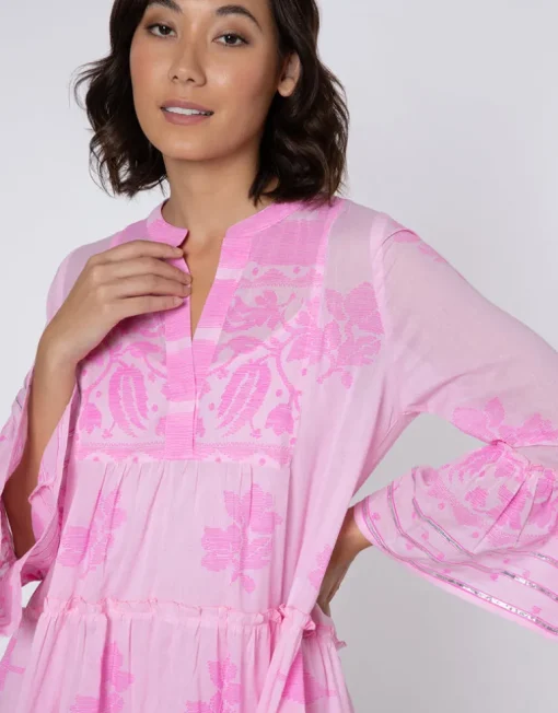 Dhaka Print Flared Sleeve Dress - Pink and Neon Pink