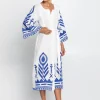 Feather Midi Kaftan - White and Blue