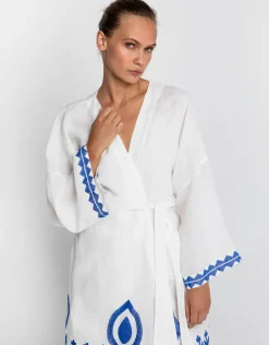 Feather Midi Kimono - White and Blue