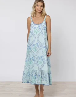 Ginko Print Swing Dress with Ric-Rac - Aqua and Blue