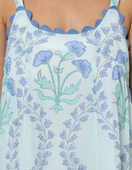 Ginko Print Swing Dress with Ric-Rac - Aqua and Blue