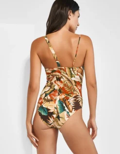 Hypnotic One Shoulder Swimsuit - Sepia Leaves
