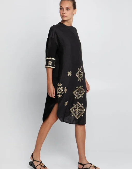 Lefkada Midi Shirt Dress - Black and Gold