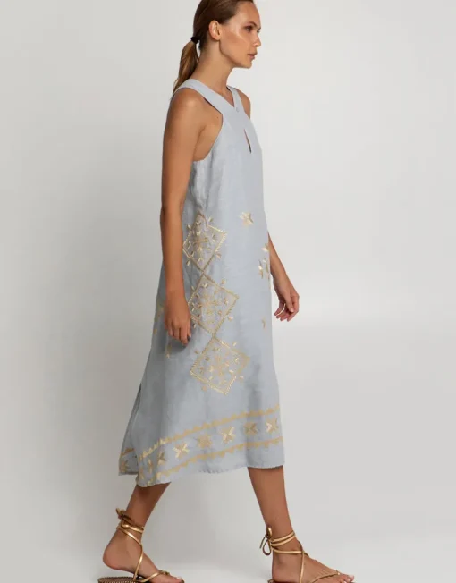 Lefkada Sleeveless Midi Dress - Light Grey and Gold