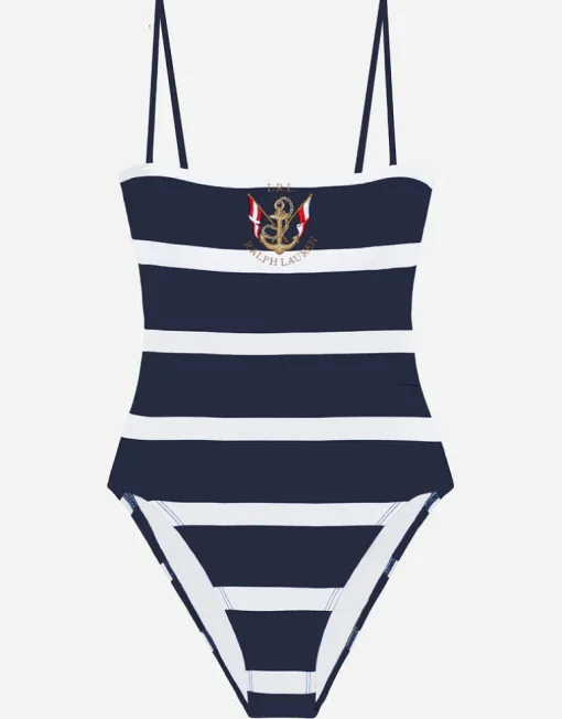 Mariner Stripe Embroidered Square Neck Swimsuit - Navy and White