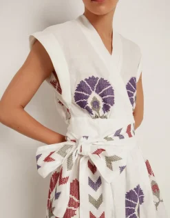 Mini Peacocks Wrap Midi Dress - White and Purple