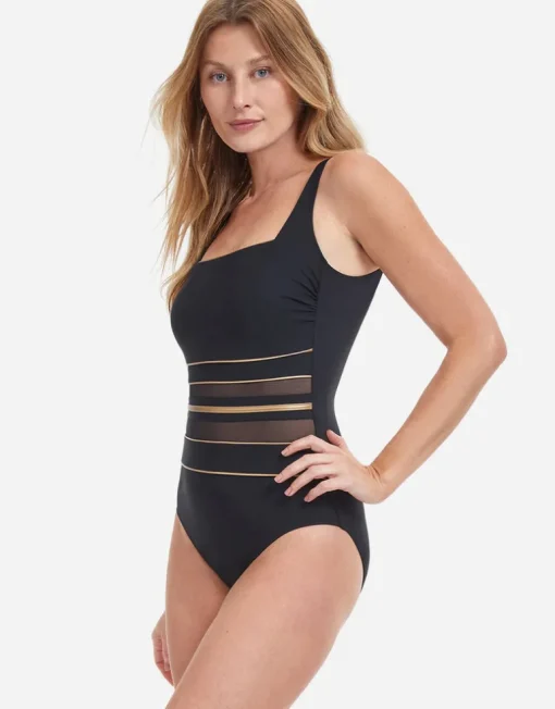 Onyx Square Neck Tank Swimsuit - Black and Gold