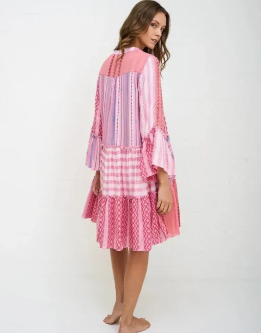 Patchwork Mini Boho Dress - Pink
