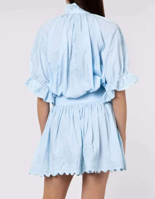 Poplin Blouson Dress with Ric-Rac Embroidery - Pale Blue