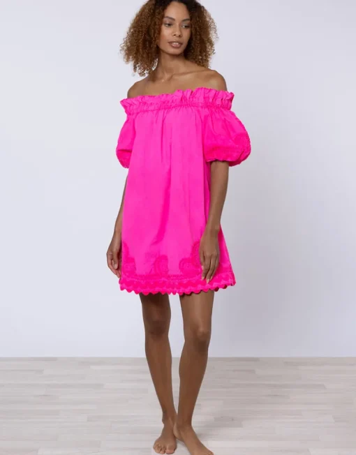 Poplin Off Shoulder Mini Dress with Ric-Rac - Indian Pink