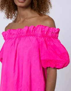 Poplin Off Shoulder Mini Dress with Ric-Rac - Indian Pink