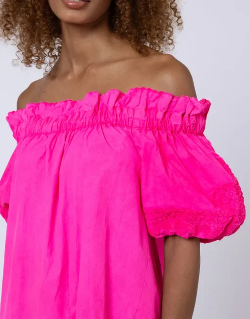 Poplin Off Shoulder Mini Dress with Ric-Rac - Indian Pink