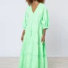 Poplin V-Neck Loose Maxi Dress with Ric-Rac - Apple