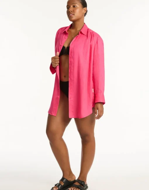 Resort Linen Beach Shirt - Hot Pink