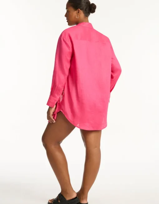 Resort Linen Beach Shirt - Hot Pink