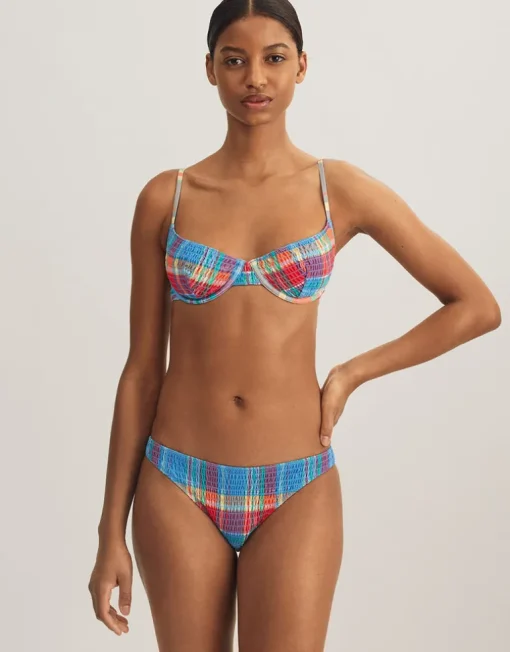 Smocked Madras Underwired Balconette Bikini Top - Multi