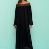 Smocked Off the Shoulder Dress - Black