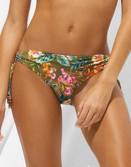 Sunset Florals Loop Side Bikini Pant - Warm Olive
