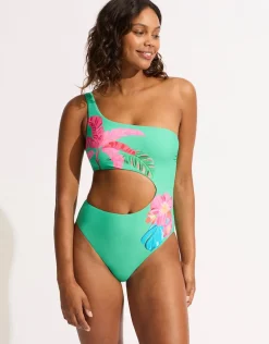 Tropica One Shoulder Cut Out Swimsuit - Jade