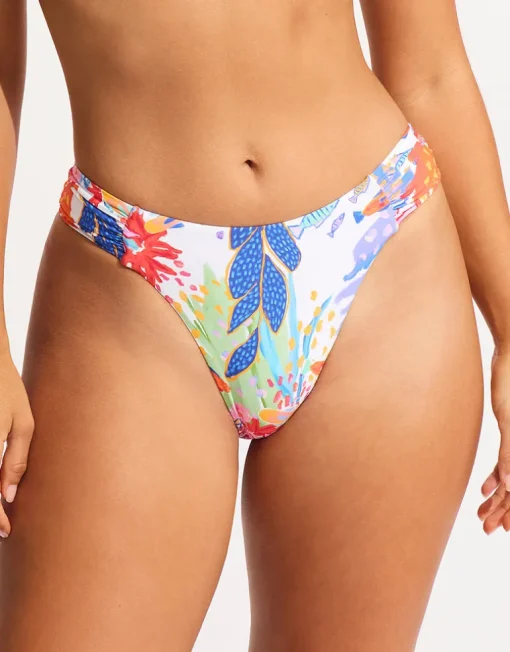 Under the Sea High Leg Ruched Side Bikini Pant - White